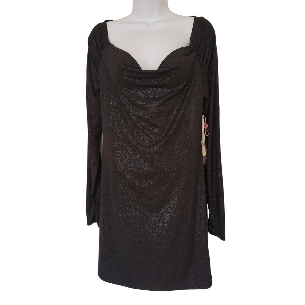 Guess M Black Metallic Silver Long Sleeve Shimmer Dress Sweetheart Draped Neck